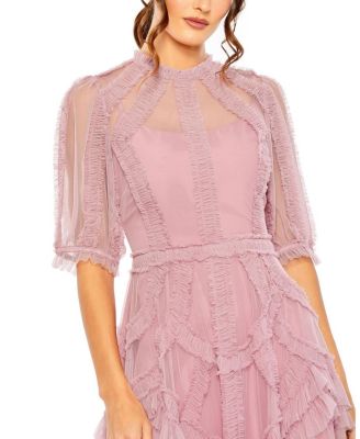 High Neck Puff Sleeve Ruffle Tiered Dress