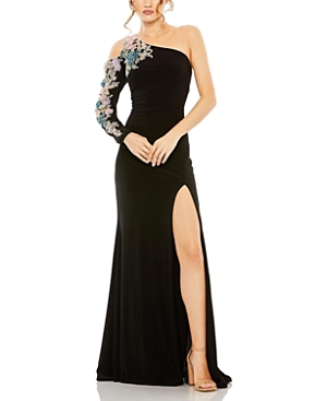 Shop Mac Duggal One Shoulder Long Sleeve Floral Embellished Gown In Black Multi