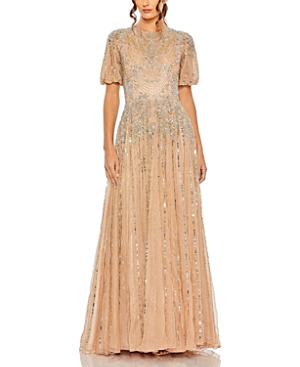 Mac Duggal High Neck Puff Sleeve Embellished A Line Gown In Taupe