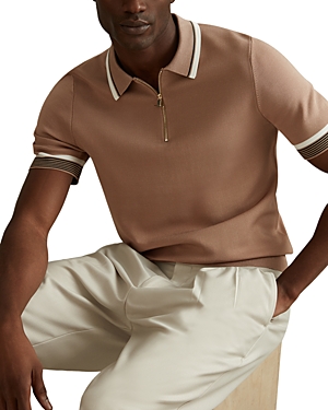 Shop Reiss Chelsea Tipped Half Zip Polo Shirt In Warm Taupe