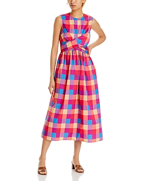 Shop Misook Checkered Crossover Front Dress In Pink/blue/parchment