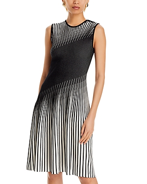 Shop Misook Intarsia Striped Dress In New Ivory/black
