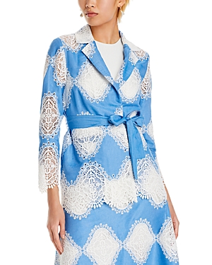 Shop Misook Lace Inset Belted Heritage Jacket In Adriatic Blue/white