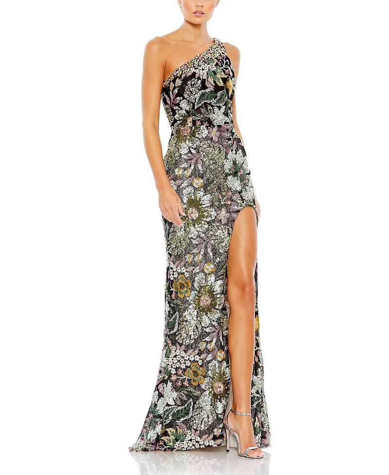 Mac Duggal Embellished Floral One Shoulder Gown