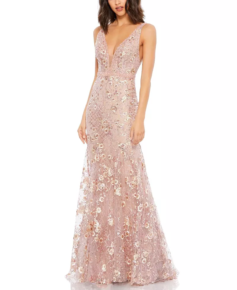 Mac Duggal Floral Embellished Sleeveless Plunge Neck Gown
