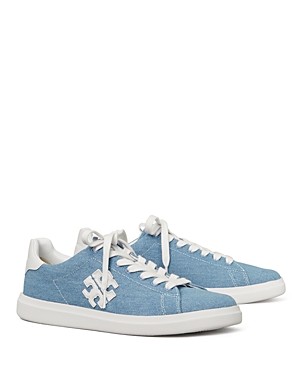 Shop Tory Burch Women's Double T Howell Court Lace Up Low Top Sneakers In Denim/titanium White