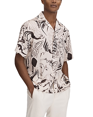 Shop Reiss Epoque Short Sleeve Painted Cuban Collar Shirt In Black/white
