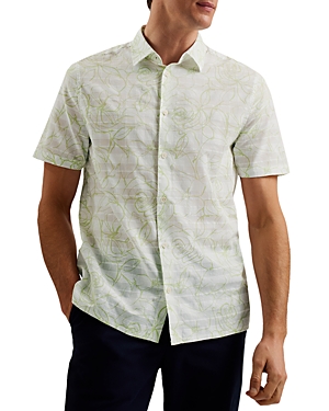 Shop Ted Baker Printed Short Sleeve Button Front Shirt In White