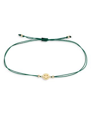 Zoë Chicco - 14K Yellow Gold Midi Bitty Smiley Face Green Cord Bracelet