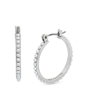 Shop Allsaints Imitation Pearl Hoop Earrings In White/silver