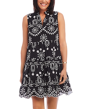 Shop Karen Kane Cotton Eyelet Tiered Mini Dress In Black/off White