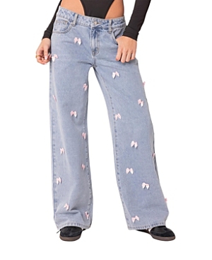 Shop Edikted Lucille Low Rise Satin Bow Jeans In Light Blue