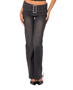 Shop Edikted Buckle Belt Washed Flared Jeans In Black Washed