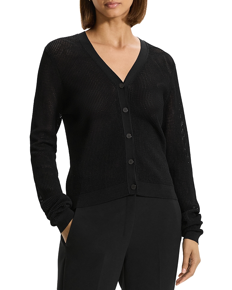 Theory Mini Pointelle Stitch Crepe Cardigan In Black