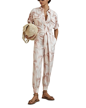 Reiss Blush Linen Tropical Print Belted Jumpsuit In Blush