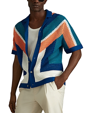 Shop Reiss Panko Short Sleeved Crochet Color Blocked Regular Fit Button Down Shirt In Bright Multi