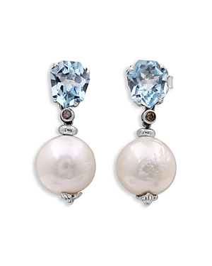 Sterling Silver Galactical Blue Topaz, Baroque Cultured Freshwater Pearl & Champagne Diamond Drop Earrings
