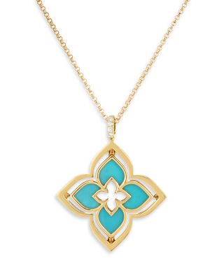 Roberto Coin 18K Yellow Gold Venetian Princess Pirouette Turquoise & Diamond Reversible Flower Pendant Necklace, 16-17