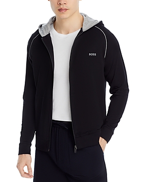 Shop Hugo Boss Mix & Match Cotton Blend Full Zip Hooded Jacket In Black