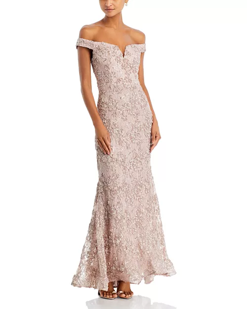 off-the-shoulder embellished lace gown - exclusive