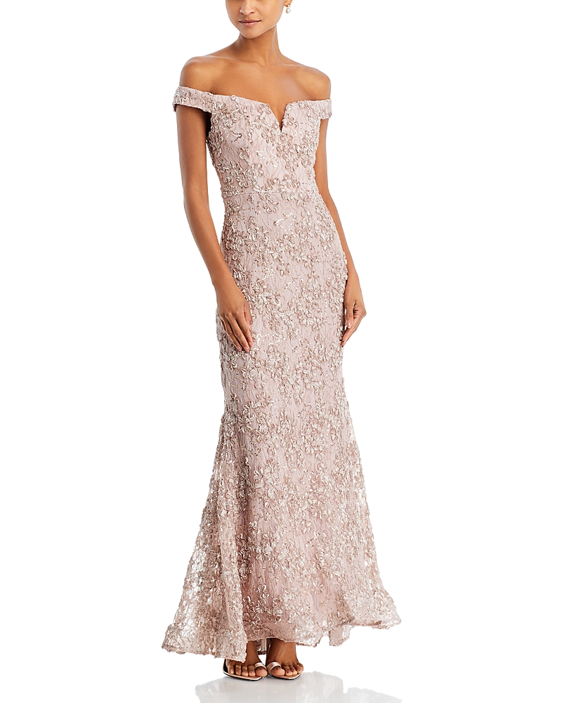 Aqua Off-the-shoulder Embellished Lace Gown - Exclusive In Brown