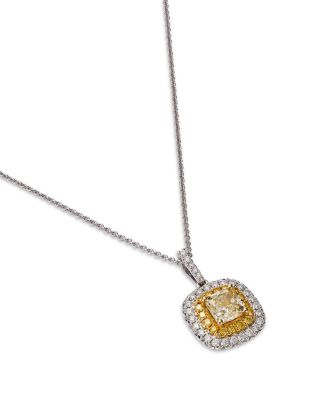 Yellow &amp; White Diamond Halo Pendant Necklace in 18K White Gold, 18&amp;quot; 