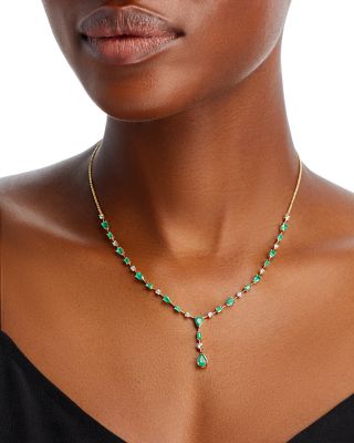 Emerald & Diamond Y Necklace in 14K Yellow Gold, 18" 