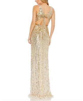 Sequined Faux Wrap Sleeveless Gown