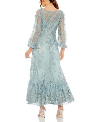 Puff Sleeve A Line Embellished Mesh Dress