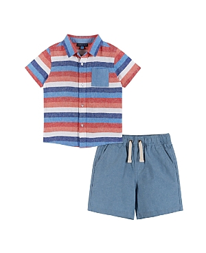 Shop Andy & Evan Boys' Red Chambray Striped Short Sleeve Buttondown Shirt & Short Set - Little Kid, Big Kid In Champbray Stripe