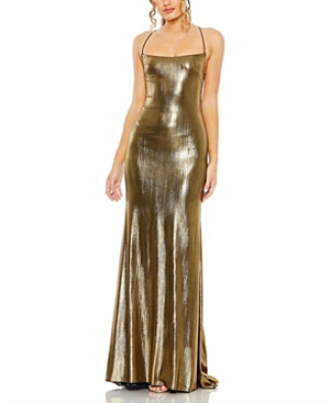 Shop Mac Duggal Metallic Corset Back Column Gown In Antique Gold