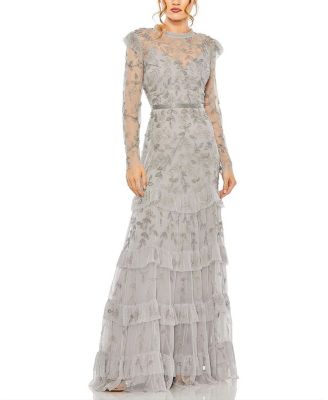 High Neck Flutter Cap Long Sleeve Tiered Embellished Gown