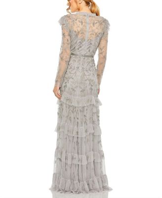 High Neck Flutter Cap Long Sleeve Tiered Embellished Gown