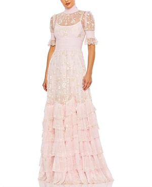 Mac Duggal Embroidered Floral Tiered Mock Neck Gown In Pink