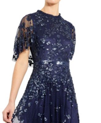 Sequined High Neck Flutter Sleeve A Line Gown