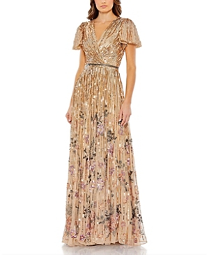 Shop Mac Duggal Flounce Sleeve V Neck Gown In Copper