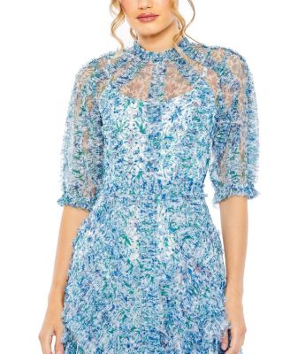 Mac Duggal Mesh Puff Sleeve Floral Print Dress | Bloomingdale's