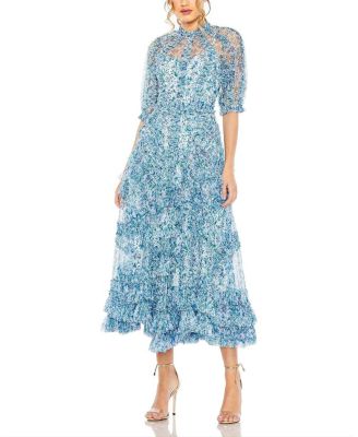 Mac Duggal - Mesh Puff Sleeve Floral Print Dress