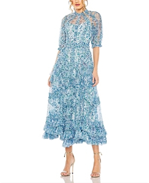 Mac Duggal Mesh Puff Sleeve Floral Print Dress In Blue