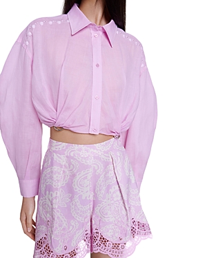 Shop Maje Camba Embroidered Cropped Shirt In Pink