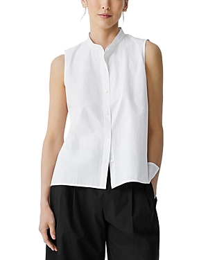 Shop Eileen Fisher Mandarin Collar Cotton Poplin Sleeveless Shirt In White