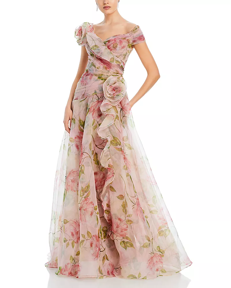 Teri Jon by Rickie Freeman Organza Ruffled Rosette Gown