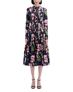 Shop Oscar De La Renta Floral Print Pleated Dress In Navy/pink