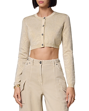 Shop Versace Barocco Texture Cropped Cardigan Sweater In Light Sand