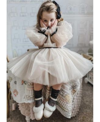 Girls' Coco Caramel Tulle Dress with Sheer Puff Tulle Sleeves - Baby, Little Kid, Big Kid