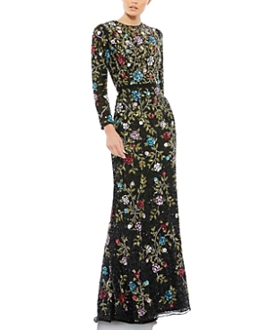 Mac Duggal 5556 Long Sleeve Floral Sequin Formal Dress In Black Multi