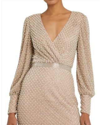 Wrap Over Bishop Sleeve Pearl Beaded Gown
