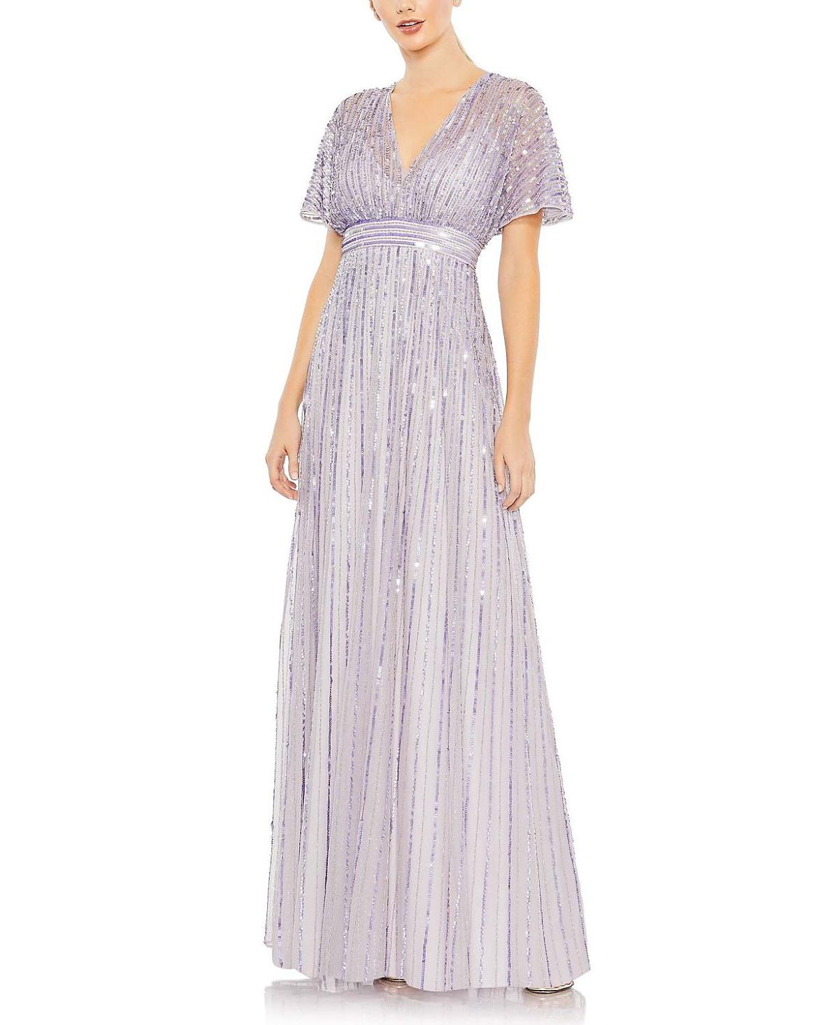 Mac Duggal Sequined Butterfly Sleeve Flowy Gown