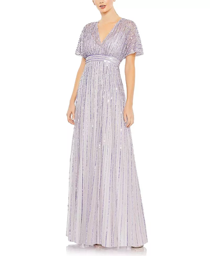 Mac Duggal Sequined Butterfly Sleeve Flowy Gown