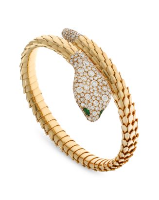 Crivelli 18K Yellow Gold Serpent Diamond Emerald Bangle Bracelet